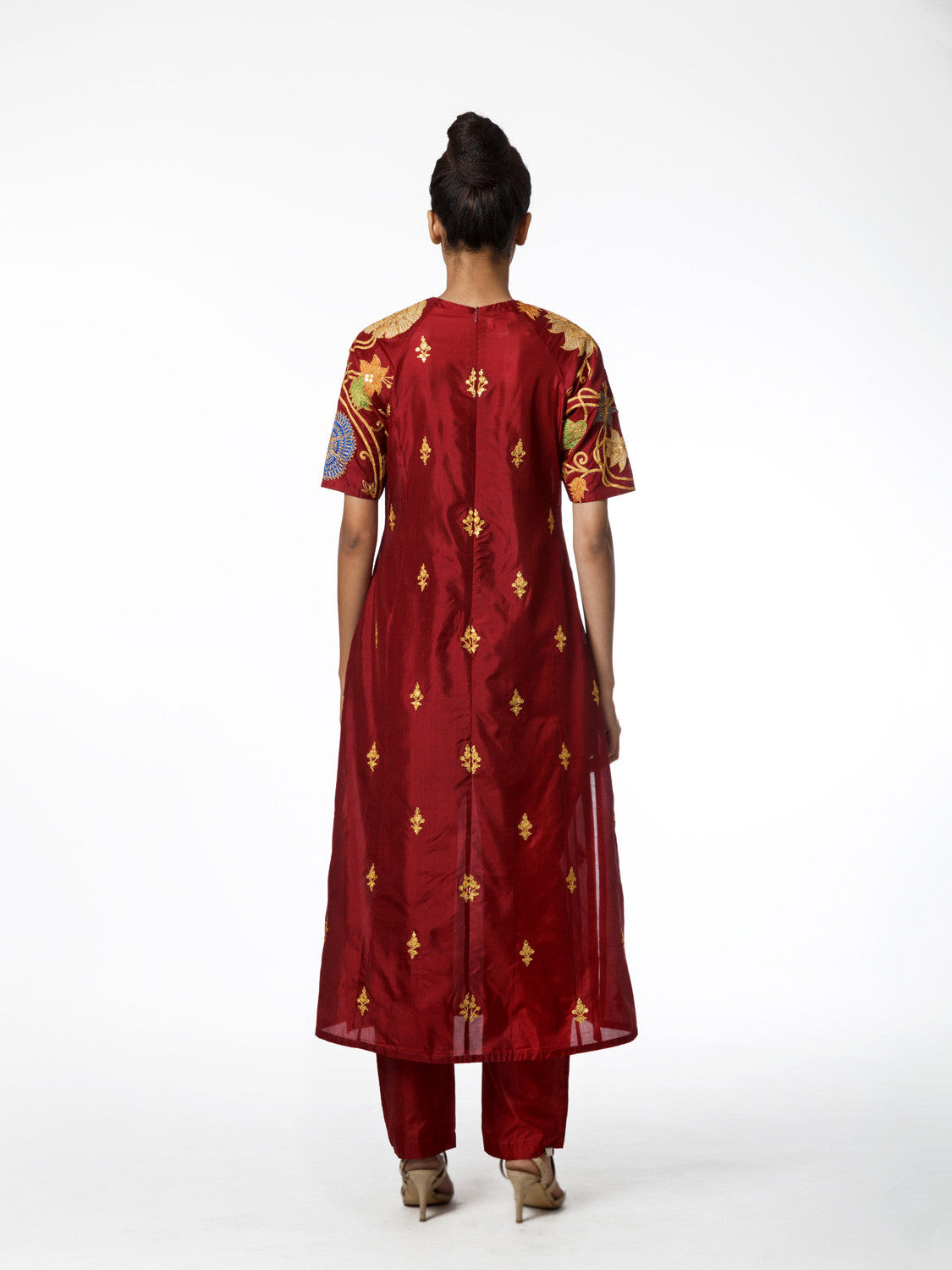 Maroon Silk Applique Embroidered Kurta Set