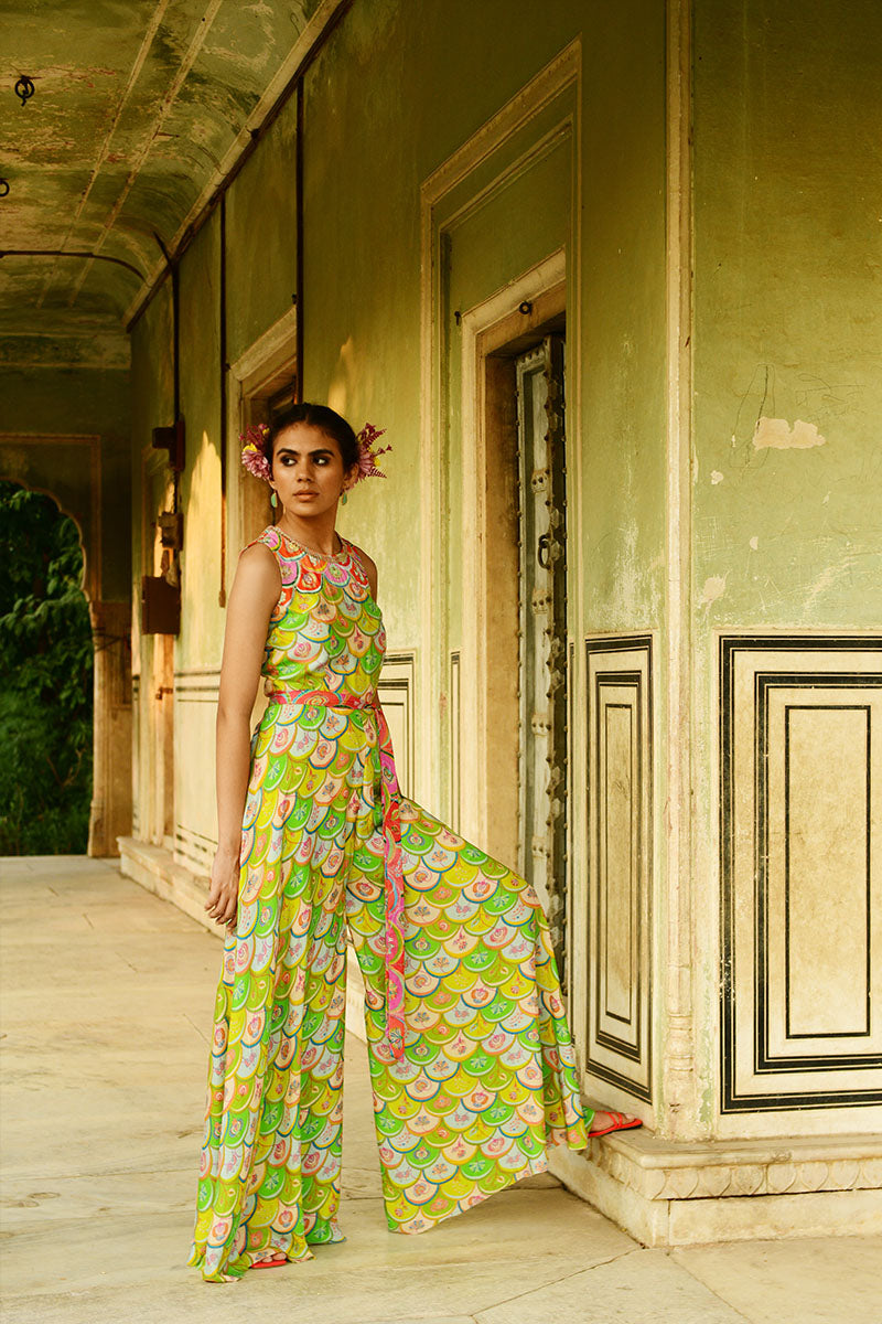 Luxury Printed Silk Jumpsuit With Belt
