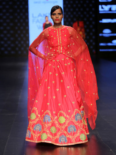 Raas Red Applique Embroidered Lehenga Set With Cape