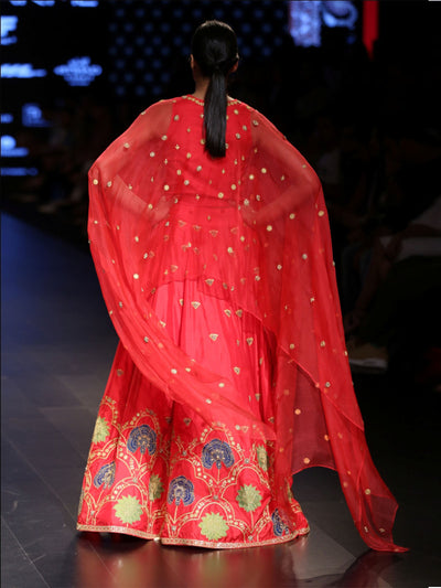 Raas Red Applique Embroidered Lehenga Set With Cape