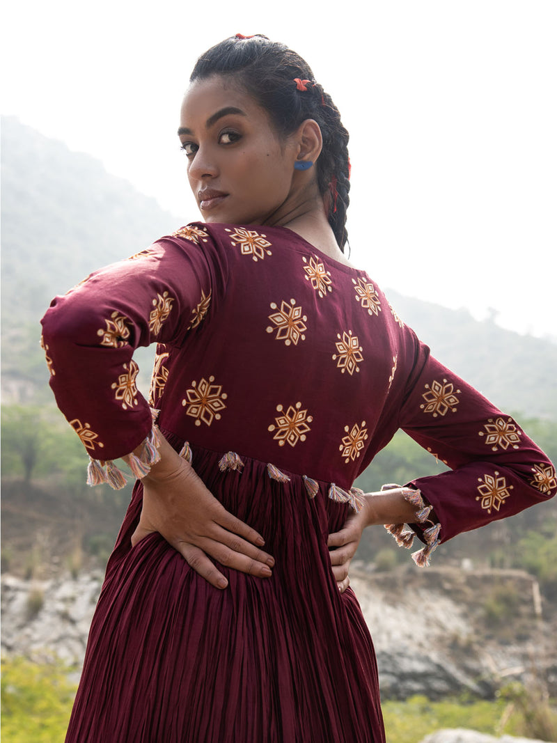 Tota Maroon Crushed Embroidered Dress