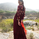 Tota Maroon Crushed Embroidered Dress