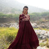 Tota Maroon Crushed Embroidered Dress