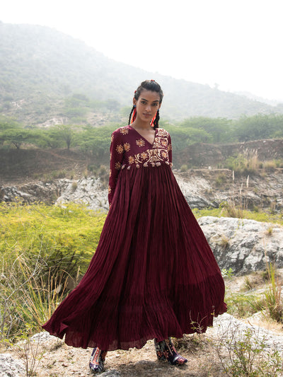 Tota Maroon Crushed Embroidered Dress