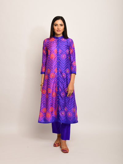 Floral Chevron Embroidered Shibori Purple Kurta