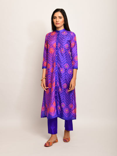 Floral Chevron Embroidered Shibori Purple Kurta