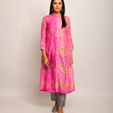 Floral Chevron Embroidered Shibori Pink Kurta