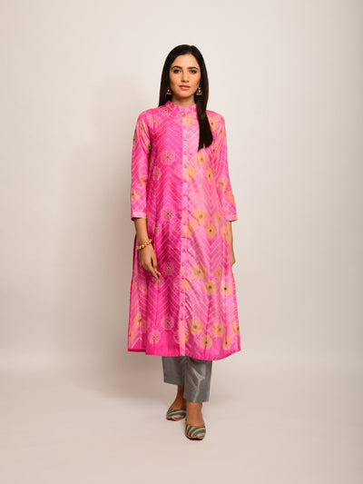 Floral Chevron Embroidered Shibori Pink Kurta