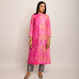 Floral Chevron Embroidered Shibori Pink Kurta
