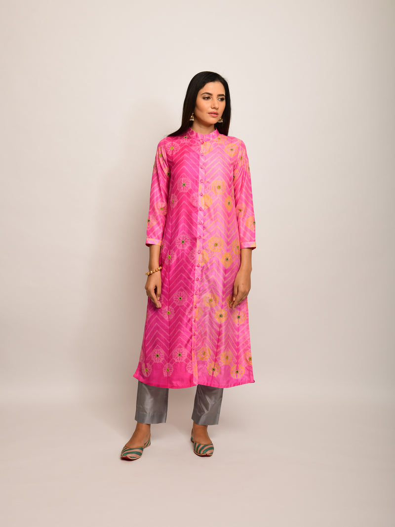 Floral Chevron Embroidered Shibori Pink Kurta