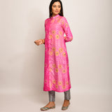 Floral Chevron Embroidered Shibori Pink Kurta
