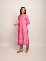 Floral Chevron Embroidered Shibori Pink Kurta