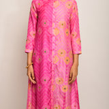 Floral Chevron Embroidered Shibori Pink Kurta