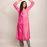 Floral Chevron Embroidered Shibori Pink Kurta