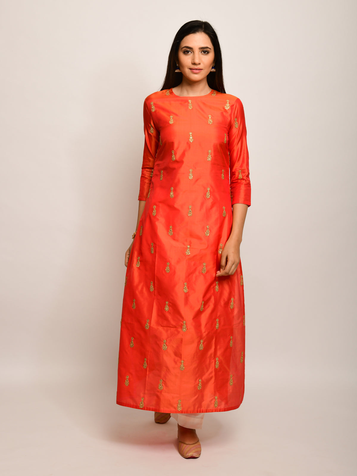 Orange Embroidered Buti Silk Kurta