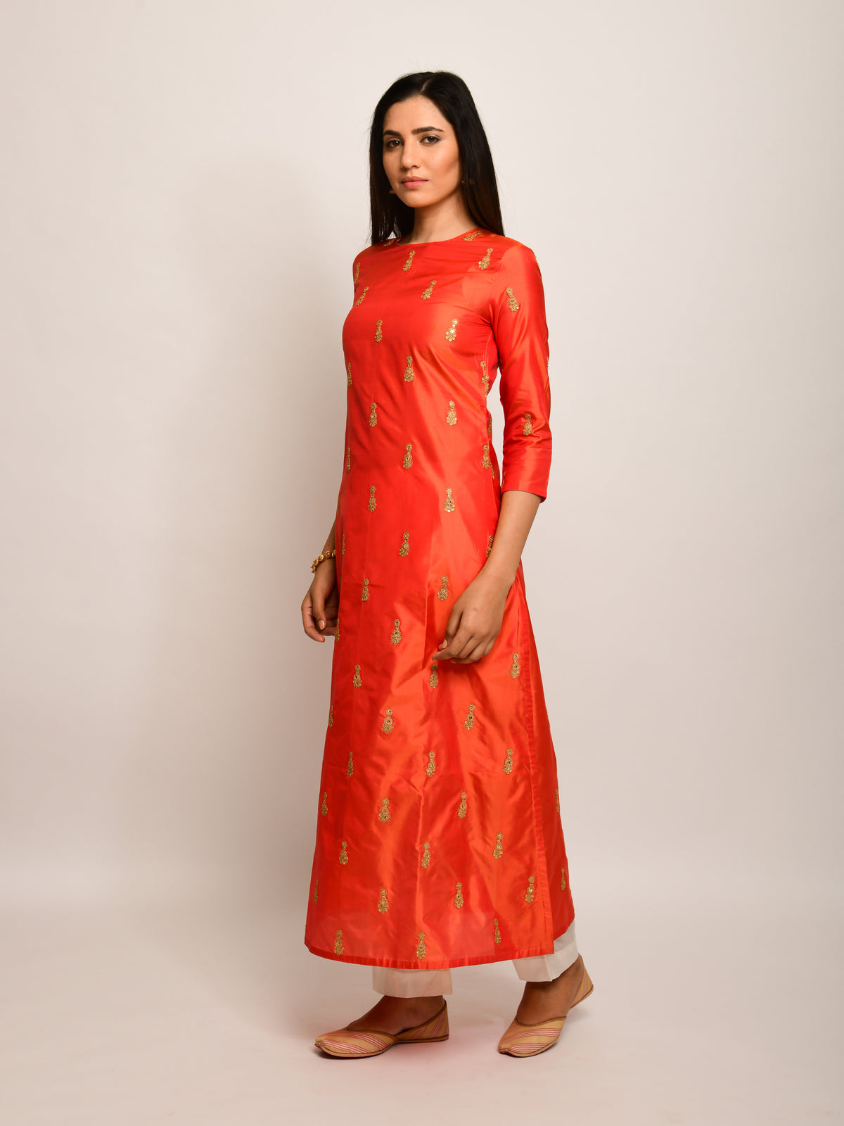 Orange Embroidered Buti Silk Kurta