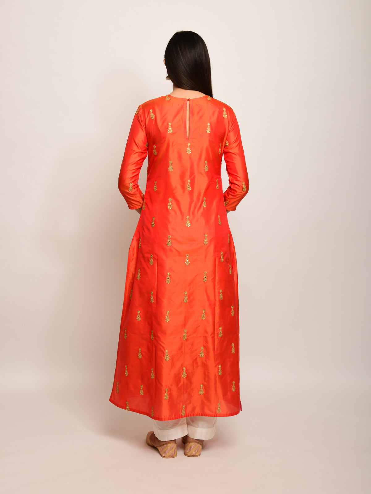 Orange Embroidered Buti Silk Kurta
