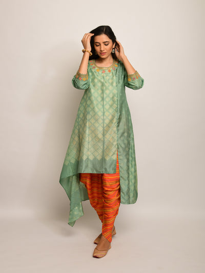 Patang Embrodied Shibori Olive/Beige Asymmetrical Tunic