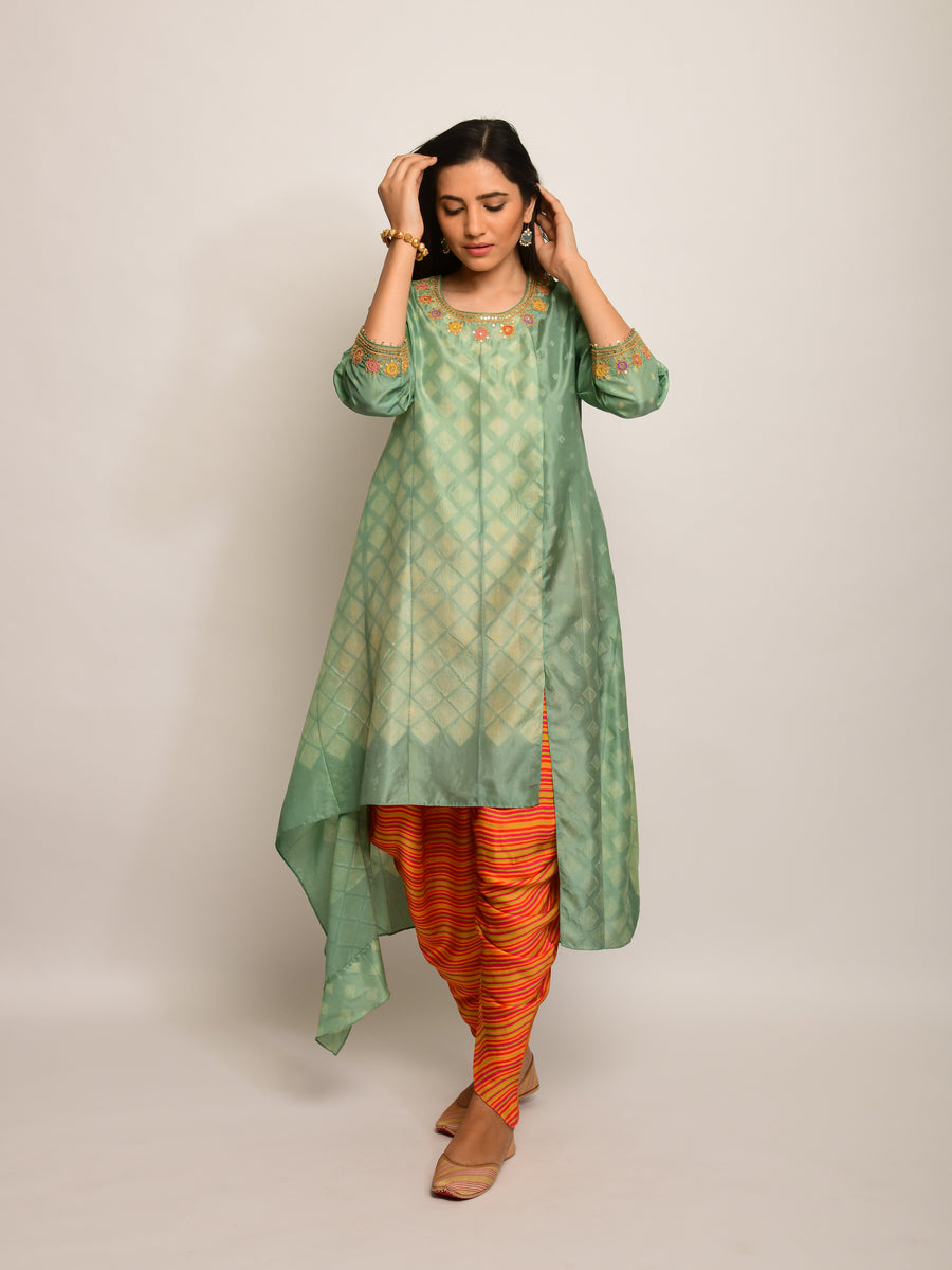 Patang Embrodied Shibori Olive/Beige Asymmetrical Tunic