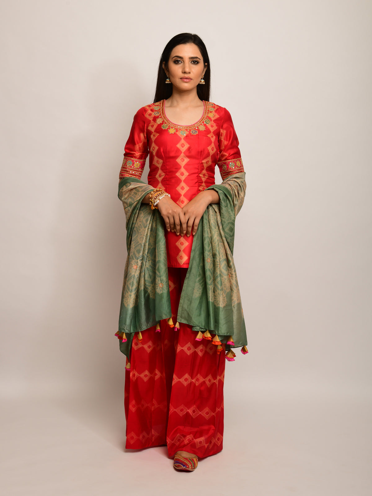 Patang Rust & Sage Embroidered Shibori Sharara Set 