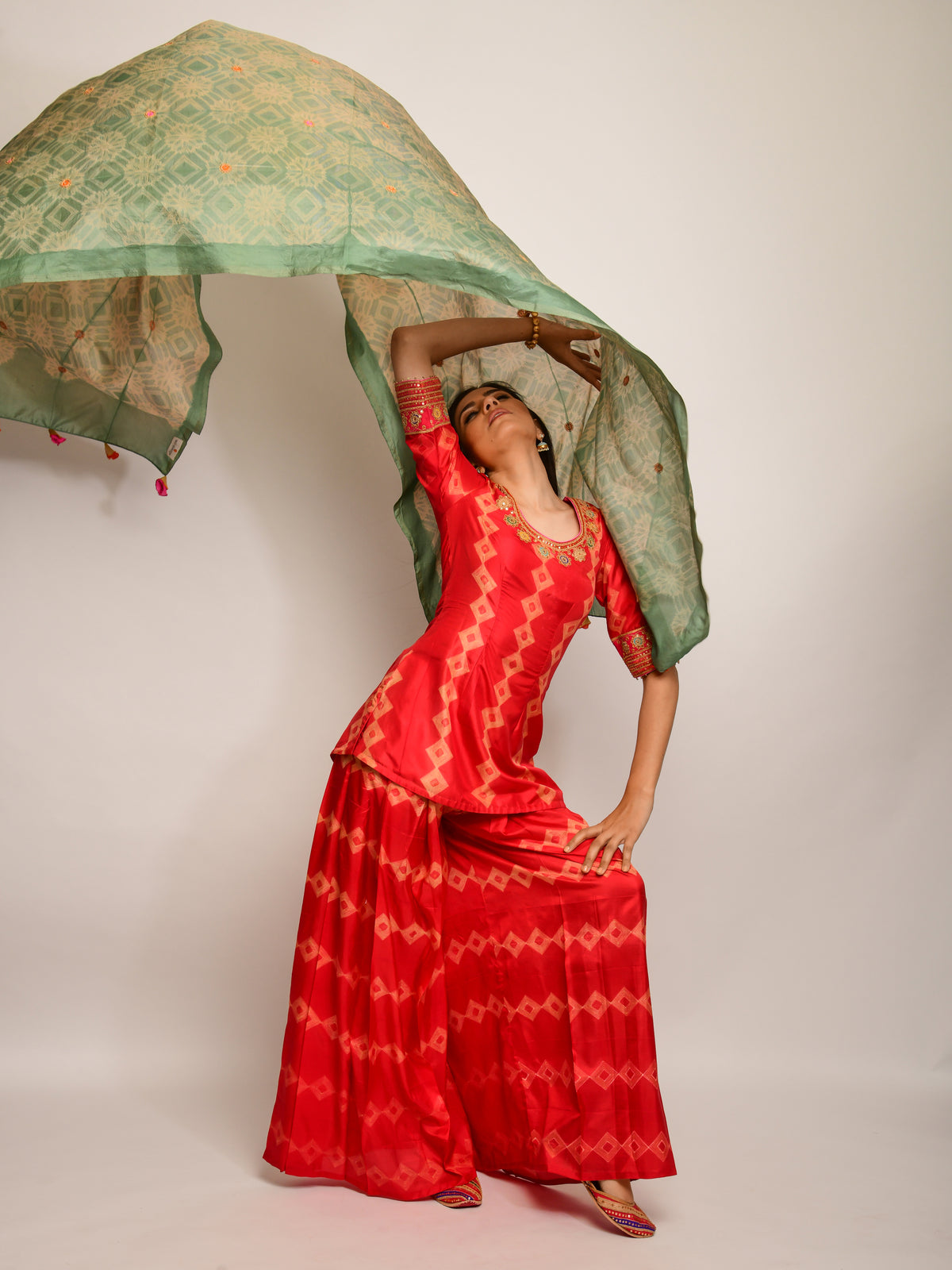 Patang Rust & Sage Embroidered Shibori Sharara Set