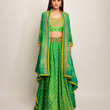 Patang Embroidered Shibori Green Lehenga Cape Set