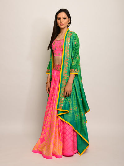 Patang Embroidered Shibori Pink Lehenga Cape Set