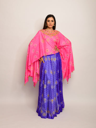 Floral Chevron Embroidered Shibori Pink/ Yellow Cape