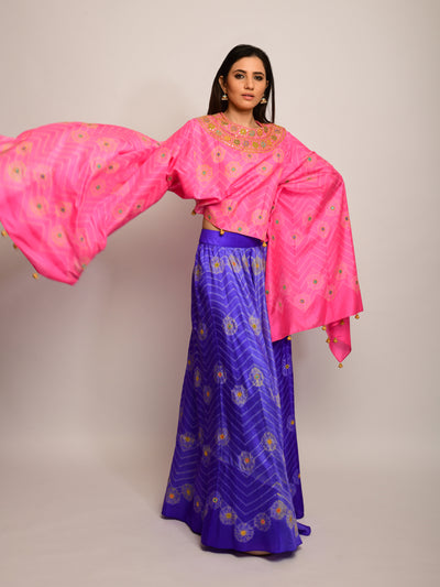 Floral Chevron Embroidered Shibori Pink/ Yellow Cape