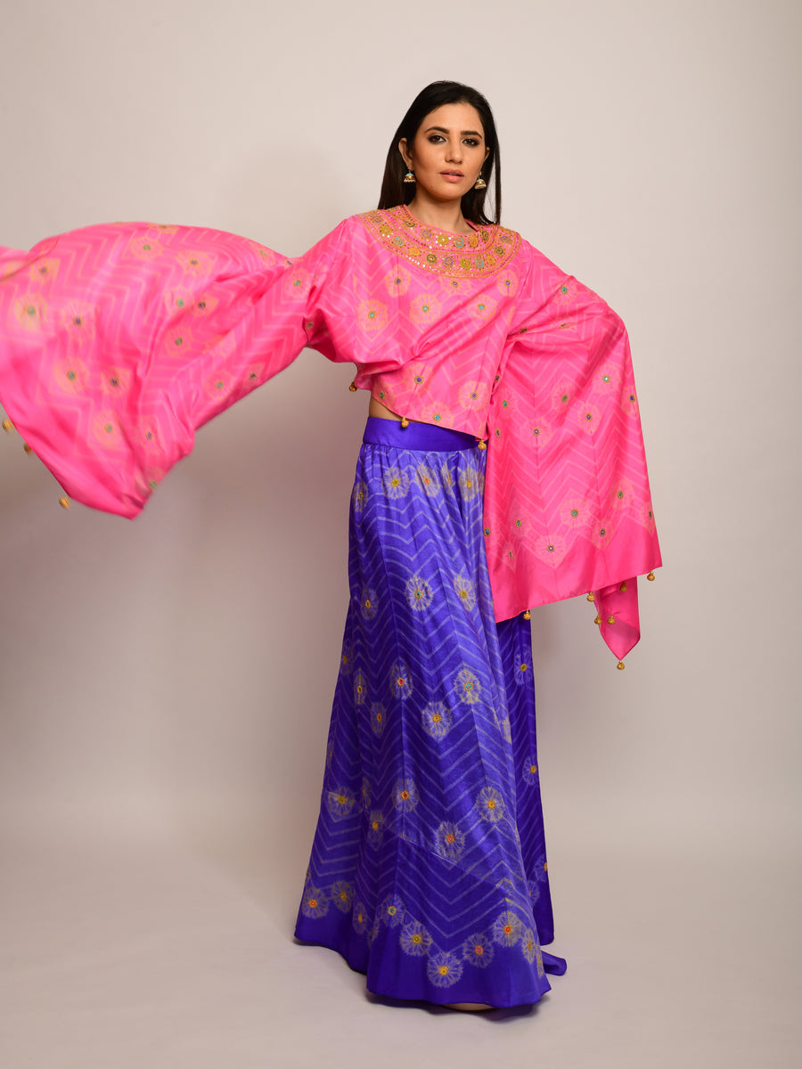 Floral Chevron Embroidered Shibori Pink/ Yellow Cape
