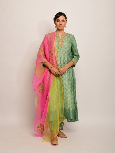 Patang Shibori Olive  Kurta Set with Buta Dupatta