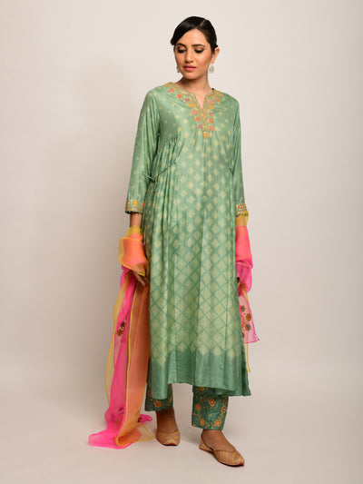 Patang Shibori Olive  Kurta Set with Buta Dupatta
