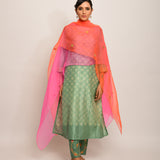 Patang Embroidered Shibori Olive/Beige Straight Kurta Set