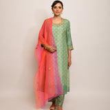 Patang Embroidered Shibori Olive/Beige Straight Kurta Set