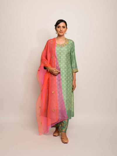 Patang Embroidered Shibori Olive/Beige Straight Kurta Set