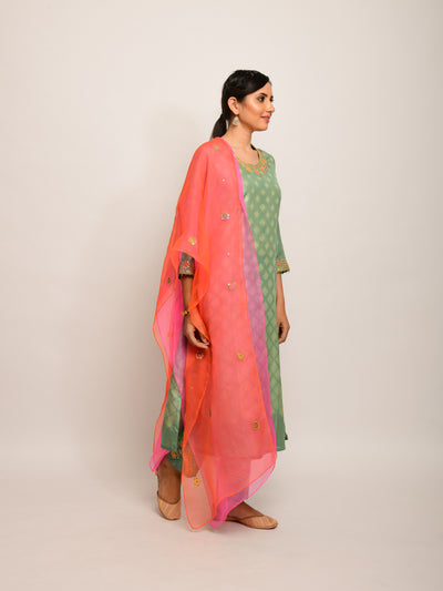 Patang Embroidered Shibori Olive/Beige Straight Kurta Set