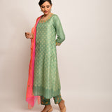 Patang Embroidered Shibori Olive/Beige Straight Kurta Set