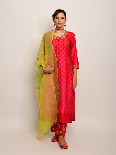 Patang Embroidered Shibori Red/Pink Straight Kurta Set