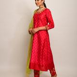 Patang Embroidered Shibori Red/Pink Straight Kurta Set