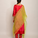 Patang Embroidered Shibori Red/Pink Straight Kurta Set