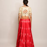 Floral Chevron Shibori Red Lehenga Cape Set with Blouse