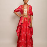Floral Chevron Shibori Red Lehenga Cape Set with Blouse