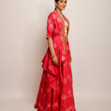 Floral Chevron Shibori Red Lehenga Cape Set with Blouse