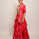 Floral Chevron Shibori Red Lehenga Cape Set with Blouse