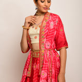 Floral Chevron Shibori Red Lehenga Cape Set with Blouse