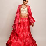 Floral Chevron Shibori Red Lehenga Cape Set with Blouse