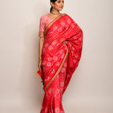 Floral Chevron Embroidered Shibori Red Saree with Peach Blouse