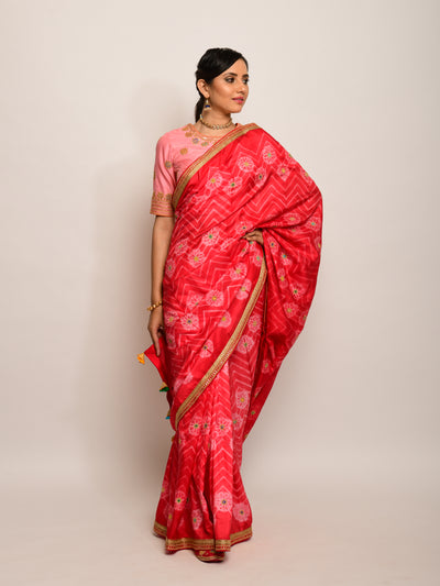 Floral Chevron Embroidered Shibori Red Saree with Peach Blouse