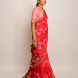 Floral Chevron Embroidered Shibori Red Saree with Peach Blouse