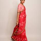 Floral Chevron Embroidered Shibori Red Saree with Peach Blouse